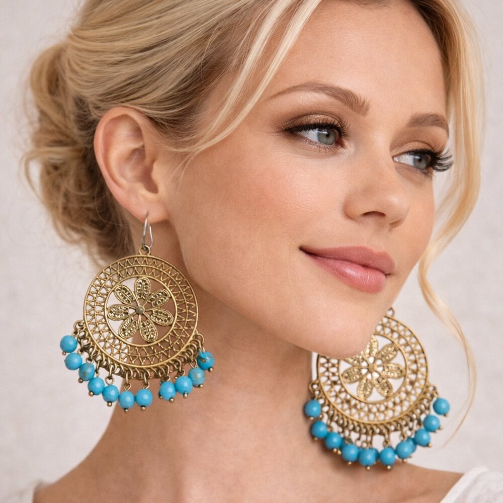 Boho Statement Earrings Gold Filigree Turquoise Beaded Fringe Dangle